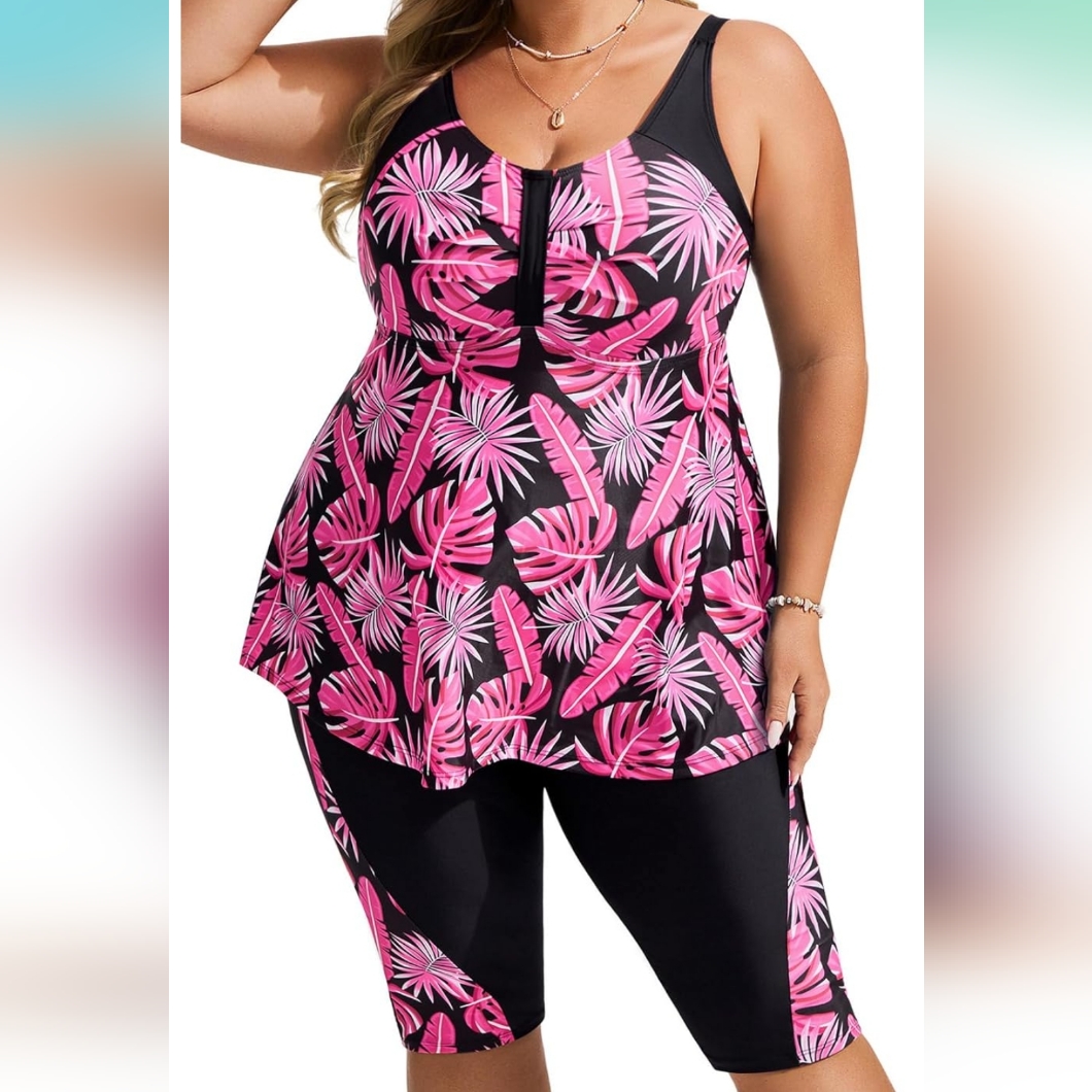 Hanna Nikole Plus Size 2 Piece Flowy Rash Guard Swimsuit Capris